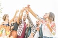 Happy millennial friends cheering with  wine at barbecue picnic outdoor - Adult people having fun drinking wine in vineyard at Royalty Free Stock Photo
