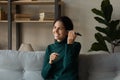 Happy woman listening audio message on cellphone. Royalty Free Stock Photo