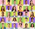 Happy Millennials. Portraits of positive multiethnic men and woman over colorful backgrounds Royalty Free Stock Photo