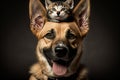 happy mixed breed dog portrait with a kitten on his head, AI generated