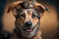 happy mixed breed dog portrait with a kitten on his head, AI generated