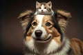 happy mixed breed dog portrait with a kitten on his head, AI generated