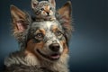 happy mixed breed dog portrait with a kitten on his head, AI generated