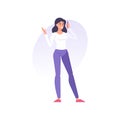 Happy modern casual woman wearing jeans and white shirt talking smartphone hand gesticulate vector