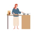 Happy modern housewife cooking food at kitchen vector flat illustration. Smiling woman preparing meal on stove isolated