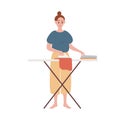 Happy modern housewife ironing clothes vector flat illustration. Smiling woman making routine housework use iron