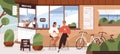 Happy modern people sitting on chairs at street kiosk or coffee shop. Couple with bicycles resting near small grab-and Royalty Free Stock Photo