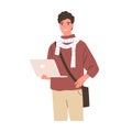 Happy modern student holding laptop. Young smiling man in casual clothing with crossbody bag. Portrait of smart guy from