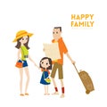 Happy modern urban tourist family with ready for vacation cartoon illustration