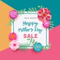 Happy Mohter\'s Day decorated text with beautiful flowers and leafs on colorful background. Sale Banner or Sale Post Royalty Free Stock Photo