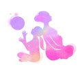 Happy mom and child exercise silhouette on watercolor background