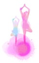 Happy mom and child exercise silhouette on watercolor background