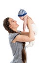 Happy mom and child girl hugging isolate on white background. The concept of childhood and family.