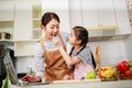 Love moment of Asian family mom and daughter helping preparing vegetable salad in kitchen at home Royalty Free Stock Photo