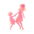 Happy mom and girl dancing silhouette on watercolor background. Mother and daughter. Happy mother`s day. Digital art painting. Royalty Free Stock Photo