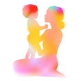 Happy mom with her child silhouette plus abstract watercolor painting. Mother`s day. Digital art painting. Double exposure