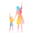 Happy mom with her child silhouette plus abstract watercolor painting. Mother`s day. Digital art painting. Double exposure