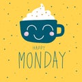 Happy Monday cute coffee cup on polka dot background illustration