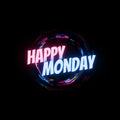 Happy Monday Greetings Text Design. Colorful Neon Rings & Black Background. Weekdays Design for Social Media.