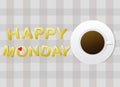 'Happy Monday' letters and a cup of coffee on grey fabric background. Royalty Free Stock Photo