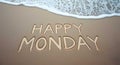 Happy Monday Text Drawing on the Beach Soil with Ocean Wave â AI Generated Image Royalty Free Stock Photo