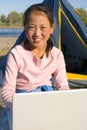 Happy Mongolian Girls Laptop Campsite Concept Royalty Free Stock Photo