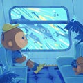 Happy Monkey Boy watching dolphin through underwater window illustration Royalty Free Stock Photo