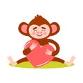 Happy monkey sitting and holding big red heart vector illustration Royalty Free Stock Photo