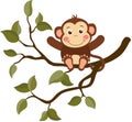 Happy monkey sitting on a tree branch with leaves Royalty Free Stock Photo
