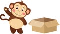 Happy monkey waving and open cardboard box