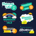 Happy Monsoon end of season sale emblems, badges set. Creative typography on Monsoon seasonal sale