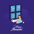 Happy Monsoon Poster Design with Cute Girl Character Holding Her Pet (Cat) in Sitting Pose Near Window on Purple Royalty Free Stock Photo