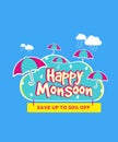 Happy monsoon sale creative banner umbrella vector illustration