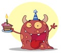 Happy monster celebrates birthday with cake