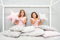 Happy morning. Cute cozy bedroom for small girls. Sisters having fun bedroom interior. Childhood concept. Bedroom place Royalty Free Stock Photo