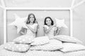 Happy morning. Cute cozy bedroom for small girls. Sisters having fun bedroom interior. Childhood concept. Bedroom place Royalty Free Stock Photo