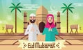 Happy moslem couple celebrate for eid mubarak with mosque, drum and palm tree background.