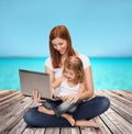 Happy mother with adorable little girl and laptop Royalty Free Stock Photo