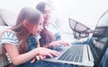 Happy mother with adorable little girl with laptop Royalty Free Stock Photo