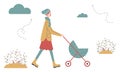 Happy mother on autumn walk with newborn in stroller. Woman pushing pram with child in park. Young mom with baby in pushchair Royalty Free Stock Photo