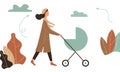 Happy mother on autumn walk with newborn in stroller. Woman pushing pram with child in park. Young mom with baby in pushchair Royalty Free Stock Photo