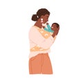 Happy mother with baby in sling. African-American mom and child in hands. Woman hold smiling infant. Mum and little kid