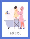 Happy mother and baby in a towel after bathing in bath, cartoon family after hygiene procedure, I love you vector poster Royalty Free Stock Photo