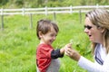 Happy mother and boy blowing dandelion Royalty Free Stock Photo