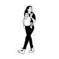 Happy mother carrying a child using a handy device baby carrier. Vector illustration of young woman taking walk with her Royalty Free Stock Photo