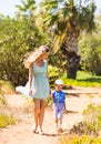 Happy mother with child son having fun outdoors in summer day Royalty Free Stock Photo