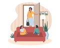 Happy mother coming back home from work, kids waiting for her sitting on sofa, flat vector illustration. Homecoming.