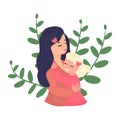 Happy Mother and cute little daughter hugging each other. Happy Mother Day concept. Festive card with green leaves and