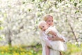 Happy Mother Hugging Baby Daughter in Flowering Apple Orchard Royalty Free Stock Photo