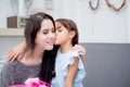 happy of mother and daughter asian with gift with pink ribbon and daughter kissing mother.